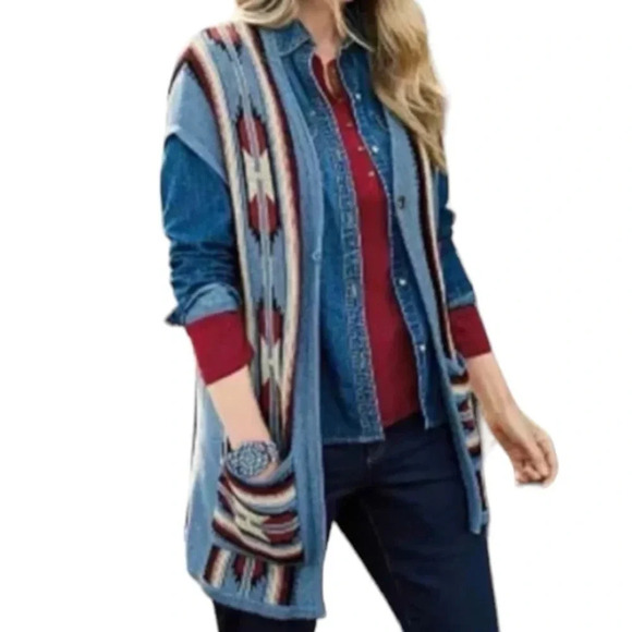 Chaps Blue Sleeveless Southwestern Aztec Cardigan Sweater Vest - Picture 2 of 11